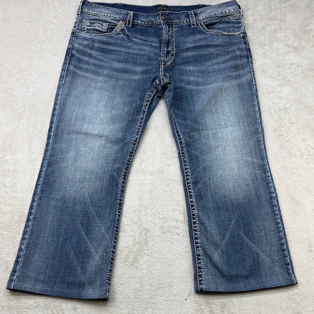 Silver Jeans Co Zac Jeans Men 42x28 Hemmed Blue Relaxed Straight Contrast Stitch